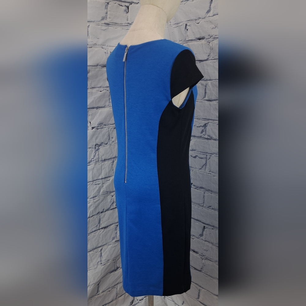 Michael Kors Cap Sleeve V-Neck Sheath Dress Midi Black and Blue Poly Rayon 2 US - Picture 8 of 16